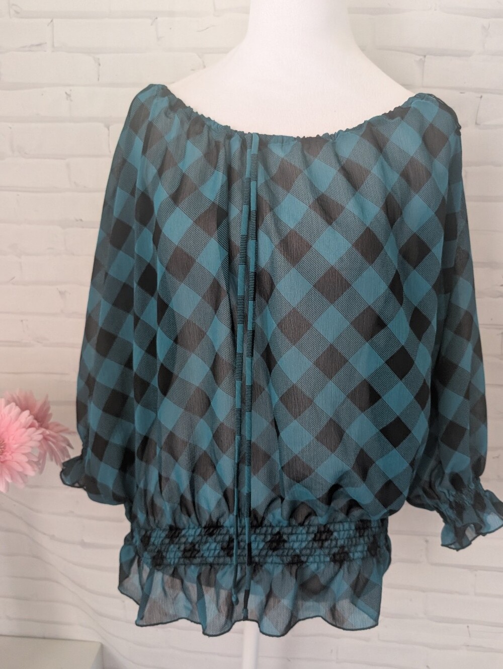 Ivy Chic Sheer Teal and Black Plaid Peasant Top